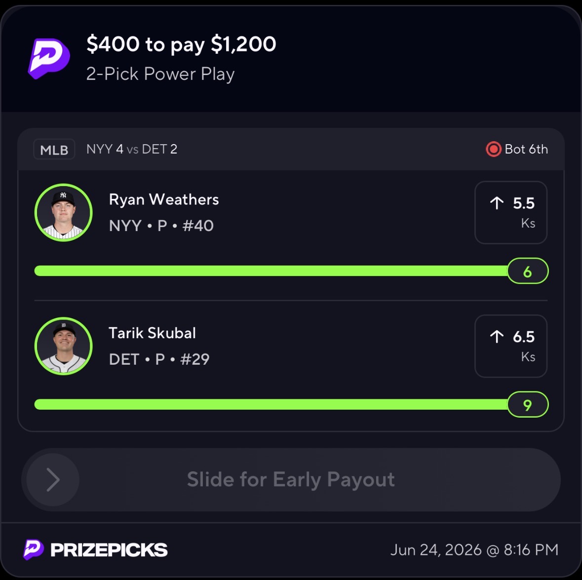 2-Pick Power Play $400 to pay $1,200 — Weathers & Skubal Ks