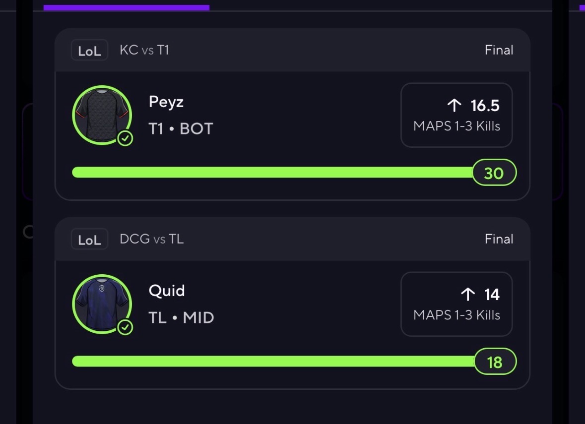 LoL player props slip — Peyz 30 kills, Quid 18 kills, both green