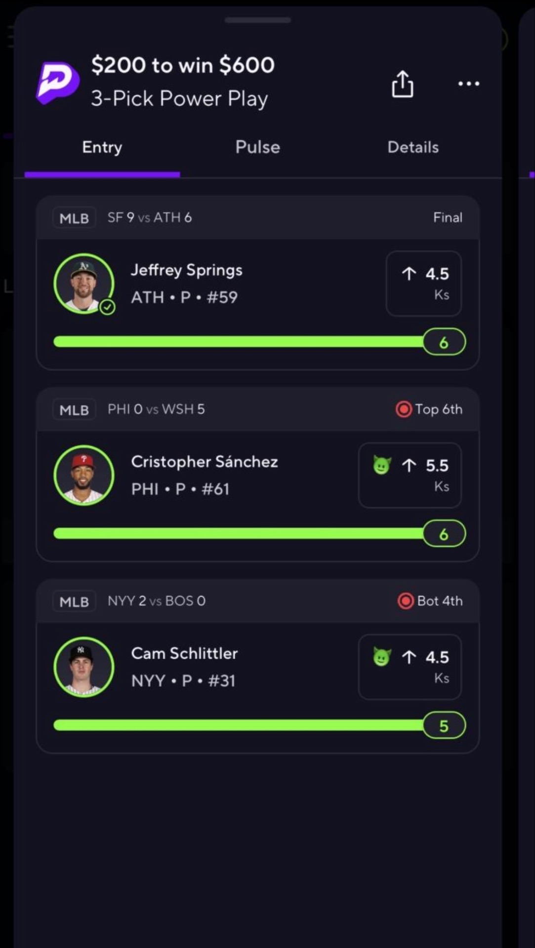 3-Pick Power Play $200 to win $600 — MLB strikeout props