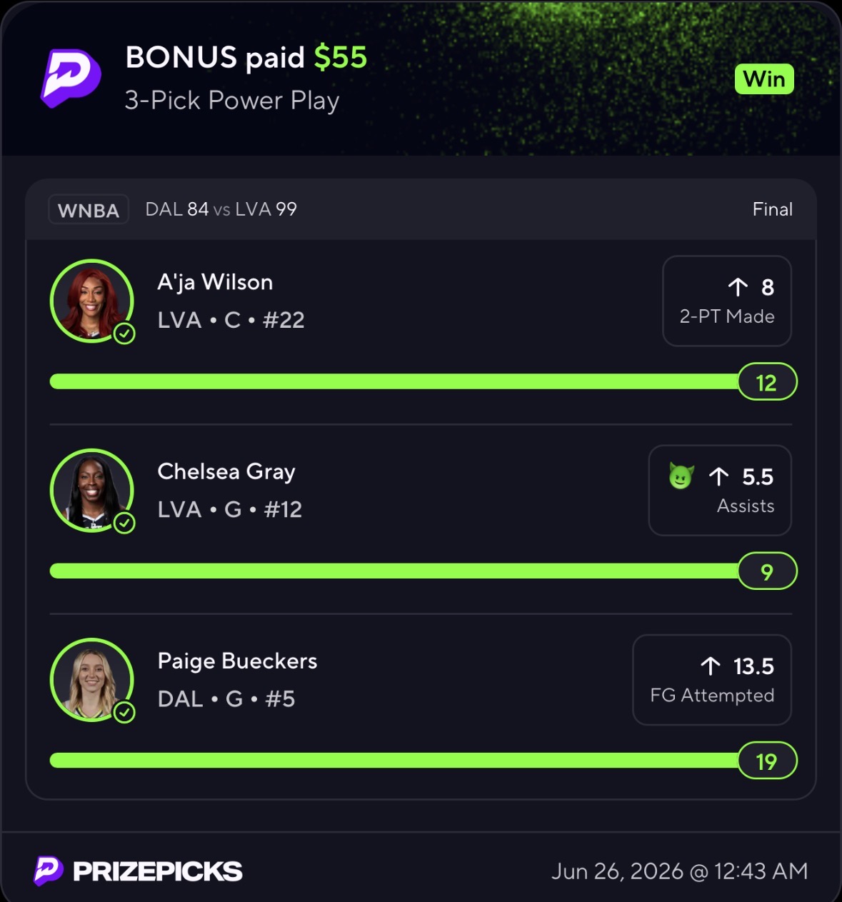 3-Pick Power Play BONUS paid $55 — WNBA Wilson, Gray, Bueckers WIN